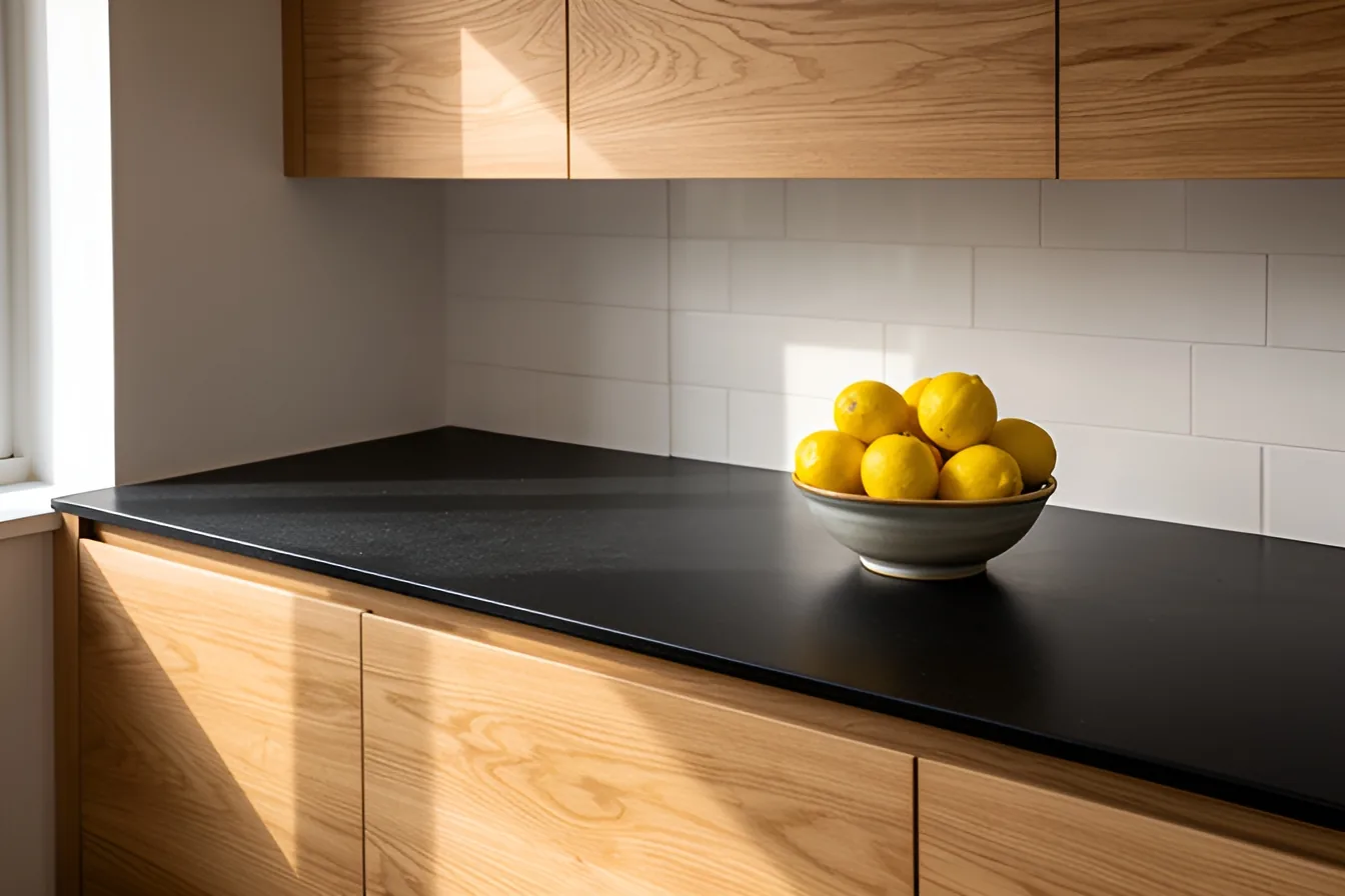 Cuisine avec façades en placage chêne et plan de travail stratifié noir mat, bol de citrons
