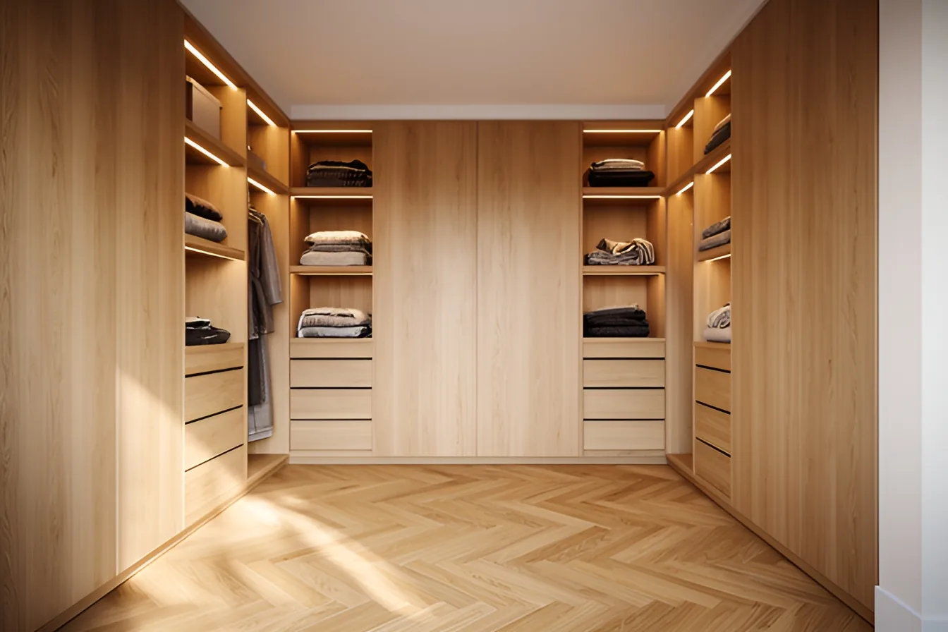 Dressing sur mesure en mélaminé chêne clair avec étagères éclairées, tiroirs et parquet en bâtons rompus